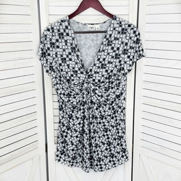 Cato Twist Front Geometric Print Tunic Top Grey White Large Cap Sleeve - Picture 7 of 12